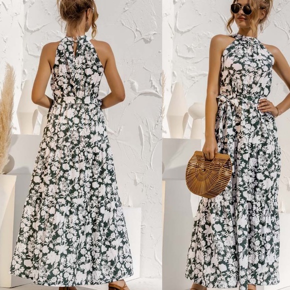 Boho floral print belted halter spring dress - Picture 2 of 2